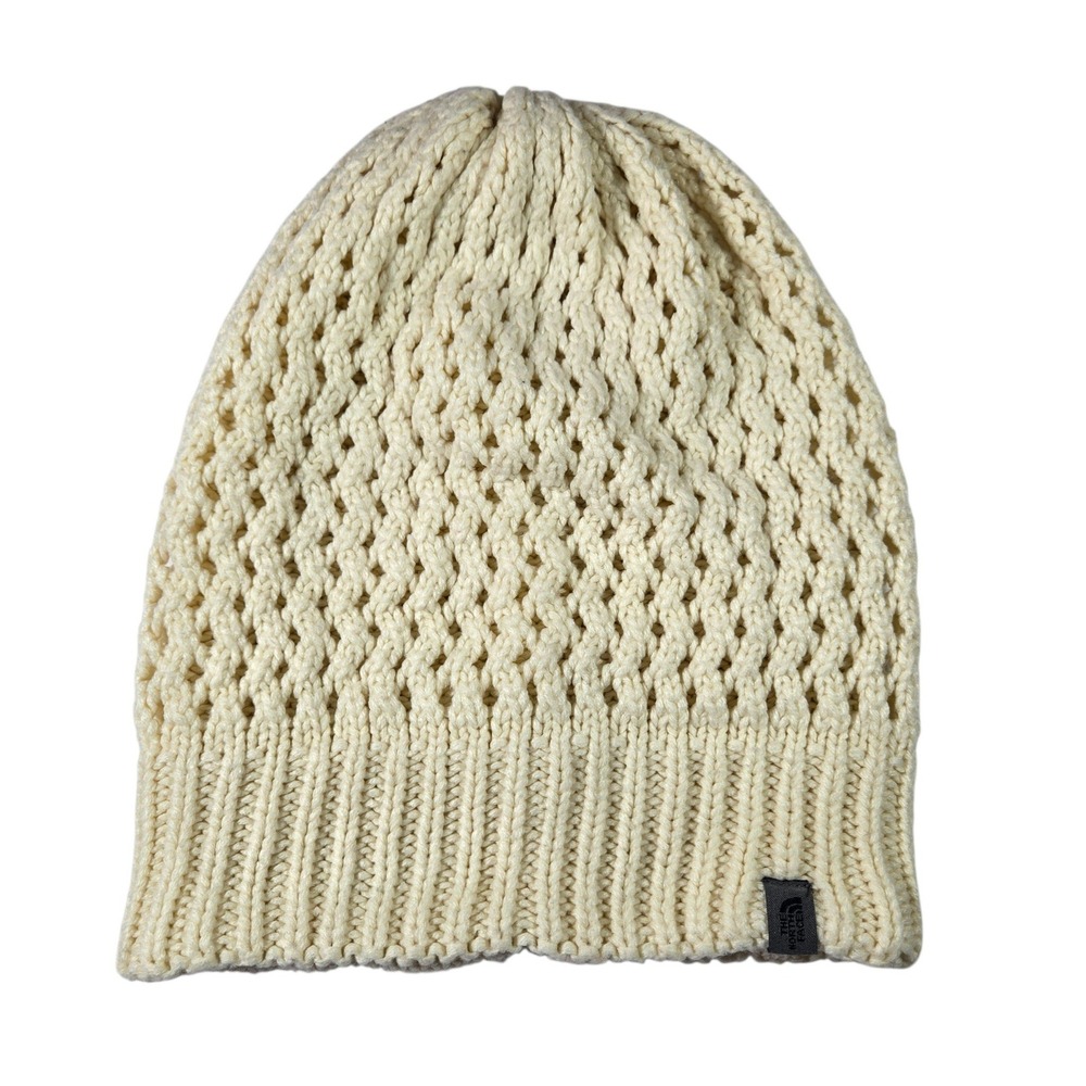 The North Face Womens Knit Beanie Cream Ivory Pointelle Cable Ribbed Hat